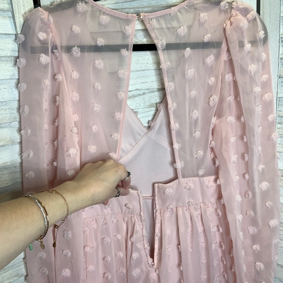 Honey and Rosie Light Pink Swiss Dot Sheer V Neck Long Sleeve Mini Sundress 3 - Picture 10 of 14